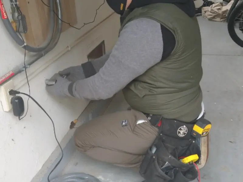 Electrician performing outlet wiring in a North Fayette garage